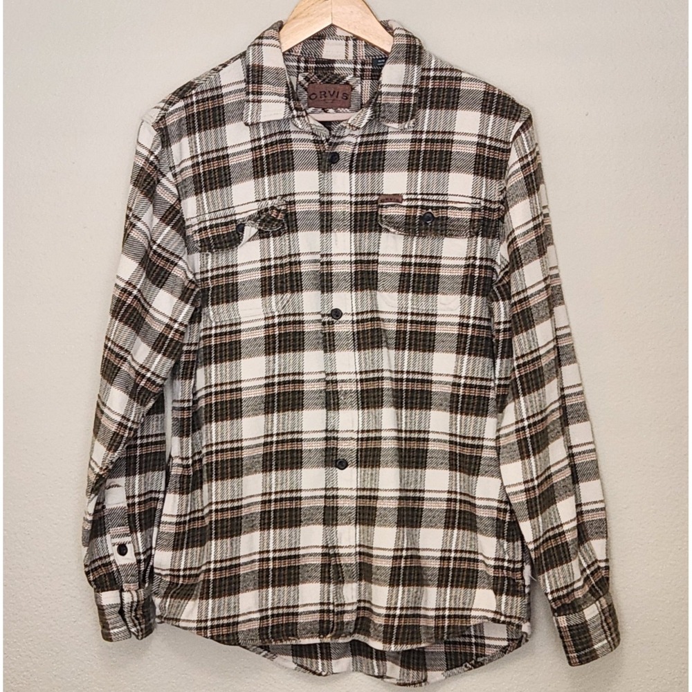 Orvis‎ Mens Medium Flannel Shirt Jacket Plaid Brown Cream Cotton Side Pockets